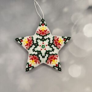 Handmade Beaded Star Ornament - White, Red & Green Holiday Decoration